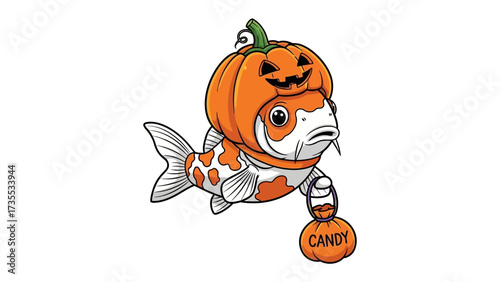 Halloween Koi Fish: Whimsical illustration captures a koi fish dressed up in a pumpkin costume. This adorable artwork celebrates Halloween with a unique aquatic twist and festive cheer.