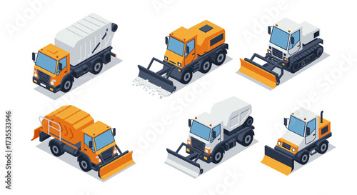 Isometric snow plow and utility trucks set with snow removal equipment