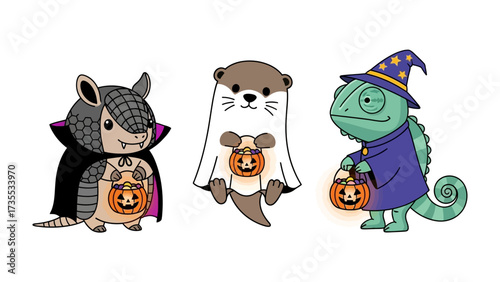 Halloween Costume Collection: A charming ensemble of whimsical animals joyfully attired in Halloween costumes. The illustrations capture the playful spirit of the season, offering a delightful view.