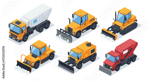 Isometric snowplow trucks collection for winter road maintenance
