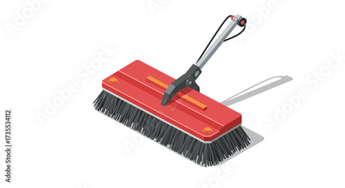 Isometric red brush with long handle for industrial cleaning