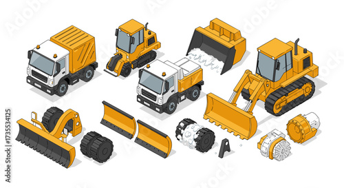 Isometric construction vehicles with attachments on white background