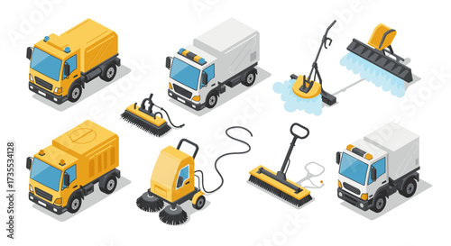 Isometric cleaning equipment set featuring trucks and floor cleaners