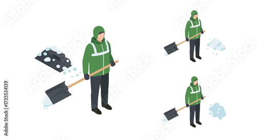 Isometric snow shoveling man in winter attire with snow pile variations