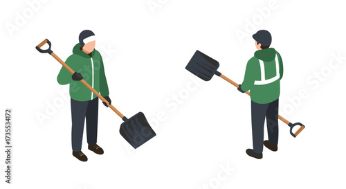 Isometric winter worker with snow shovel in green jacket