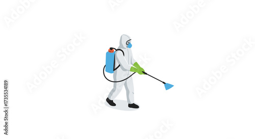 Isometric worker in protective gear spraying for disinfection and safety