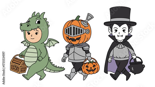 Spooky Halloween Parade: Three charming children, adorned in whimsical costumes, embarking on a delightful trick-or-treat adventure. Each child embodies the magic of Halloween. 