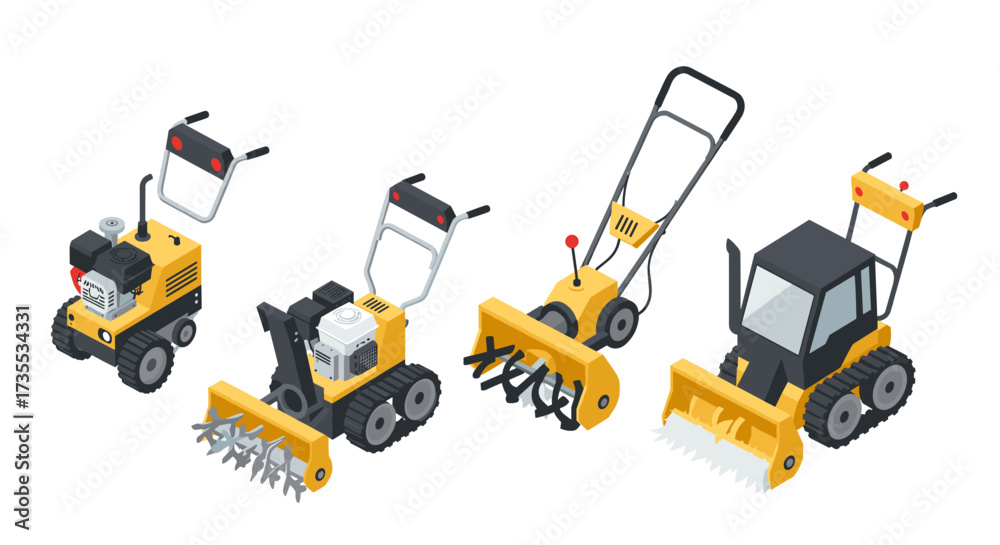 Fototapeta premium Isometric snowblowers and snowplows set for winter equipment showcase