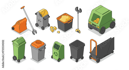 Isometric sanitation waste management icons featuring bins and cleaning equipment