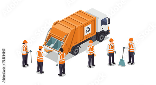 Isometric garbage truck and workers in uniform with recycling sign