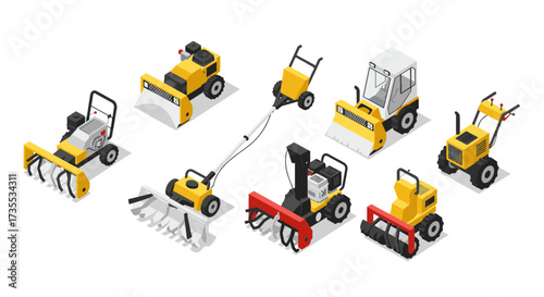Isometric snow equipment collection diverse winter machinery for efficient snow removal
