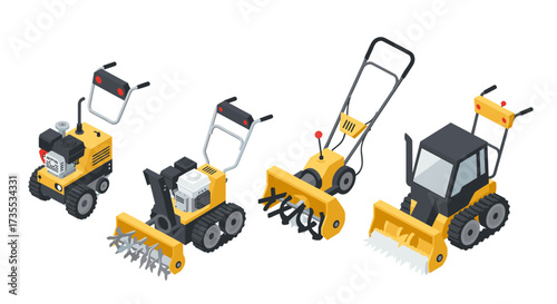 Isometric snowblowers and snowplows set for winter equipment showcase