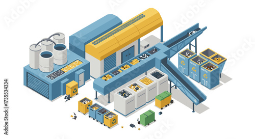 Isometric recycling plant with conveyor belts and bins for waste management