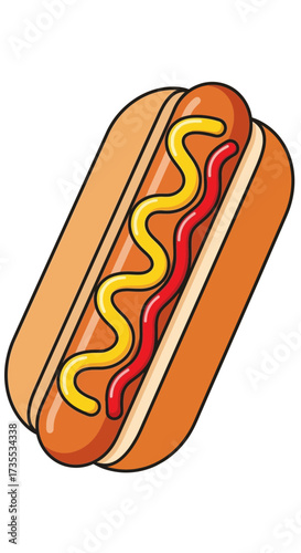 Hot dog with ketchup and mustard in a bun.