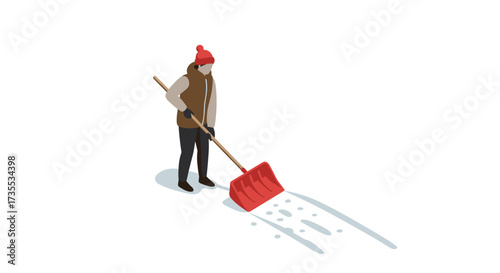 Person shoveling snow in winter gear with red shovel in isometric design