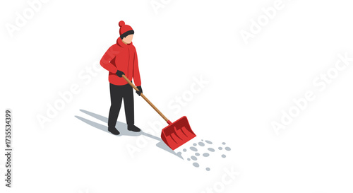 Isometric winter scene with person shoveling snow in red coat