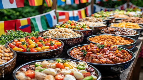 Decorative buffet table with colorful international cuisines, national flags enhancing festive outdoor atmosphere, ideal for global food festival, party, or cultural celebration.