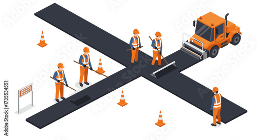 Road construction crew in action with heavy machinery and safety gear