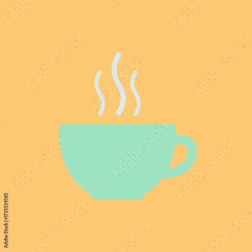 A teal cup with steam against an orange background.