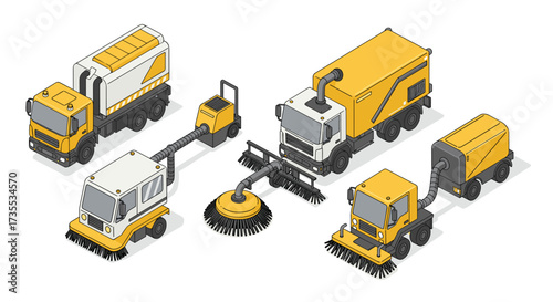 Isometric city cleaning trucks set with street sweepers and maintenance vehicles