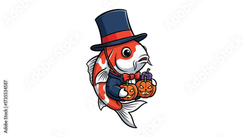 Koi Fish in Halloween Costume: A whimsical koi fish, adorned in a dapper top hat and suit, holds two intricately carved pumpkins, ready for a night of Halloween revelry.