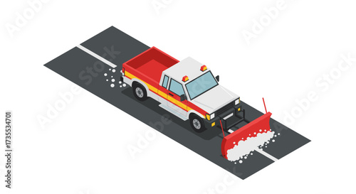 Isometric snowplow truck on road cleaning snow during winter weather