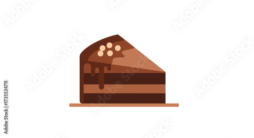 Slice of chocolate cake with toppings on a white background.
