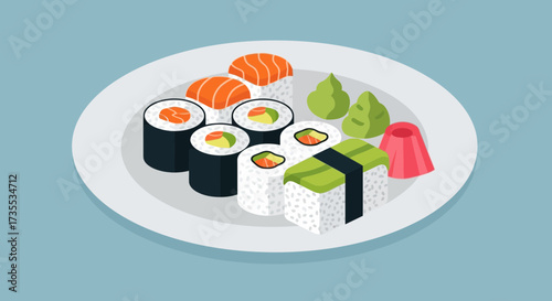 Plate of assorted sushi rolls and nigiri with wasabi and ginger.