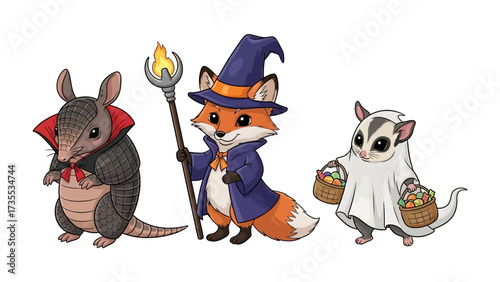 Whimsical Halloween Creatures: A trio of charming animal characters dressed in Halloween costumes, exuding enchantment and a playful spirit.