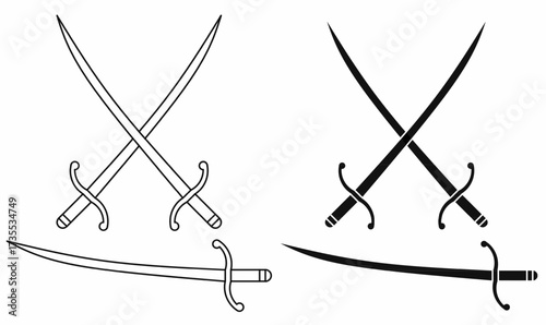 vector illustration of crossed dusack or dussack swords, medieval weapon icon set, fencing blade silhouette and outline for history, combat, or logo design.