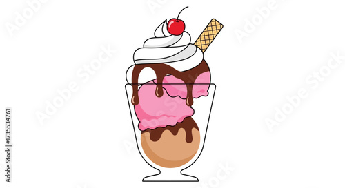 Pink ice cream sundae with chocolate sauce cherry and wafer.
