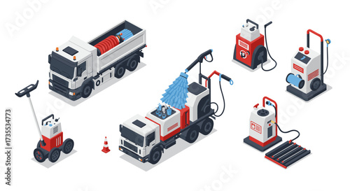 Isometric construction and cleaning vehicles and equipment illustration