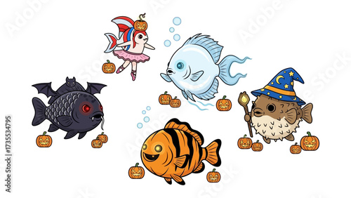 Underwater Halloween Fantasy: A whimsical underwater Halloween scene featuring an ensemble of adorable cartoon fish, each adorned in fanciful costumes amidst floating pumpkins.