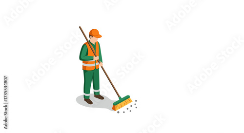 Isometric street cleaner in uniform with broom on white background