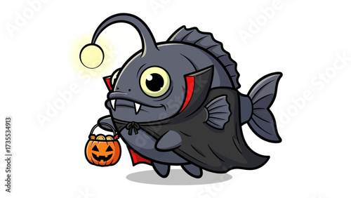 Halloween Anglerfish: A whimsical and spooky illustration of a vampire-themed anglerfish, perfect for Halloween decorations.