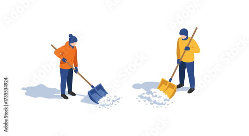 Isometric winter shoveling two figures clearing snow with shovels