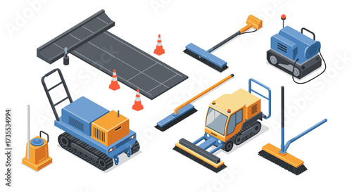 Isometric road construction equipment collection with vehicles and tools