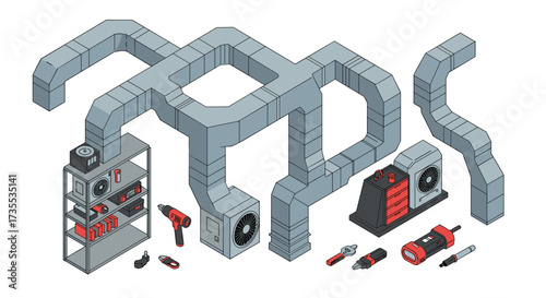 Isometric hvac system with tools and ductwork elements