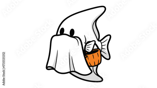 Spooky Halloween Fish: A cartoonish fish-ghost figure with an orange trick-or-treat bucket. A cheerful image for Halloween celebration.