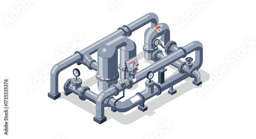 Isometric industrial pipe system with valves and gauges for engineering