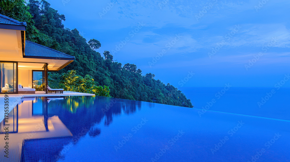 Fototapeta premium Luxurious seaside villa with infinity pool overlooking ocean at twilight, surrounded by lush greenery and serene atmosphere
