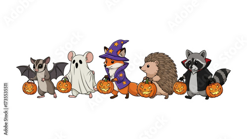 Whimsical Halloween Friends: A charming ensemble of woodland creatures, each donned in festive attire and carrying glowing jack-o'-lanterns, embodies the whimsical spirit of Halloween.
