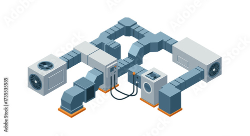 Isometric industrial ventilation system with complex ductwork and fans