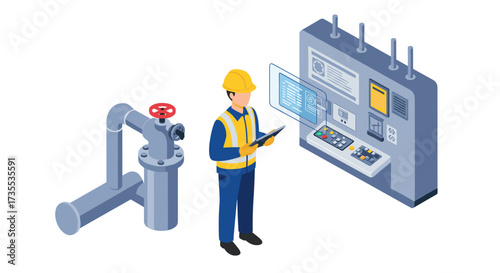 Engineer monitoring industrial control panel with pipeline in isometric style