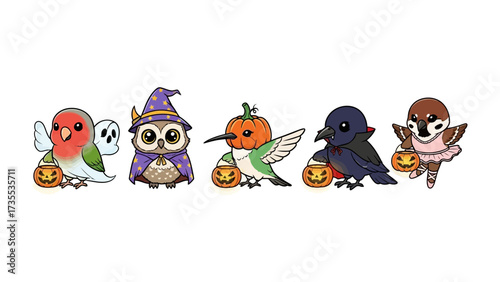 Halloween Birds Fantasy: A delightful collection of cute, animated birds, each adorned in whimsical Halloween costumes, brings a touch of fantasy and festive charm. 