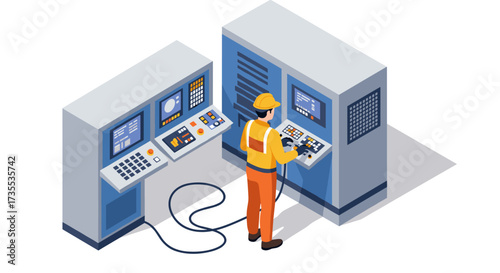 Worker operating industrial control panel in isometric factory scene