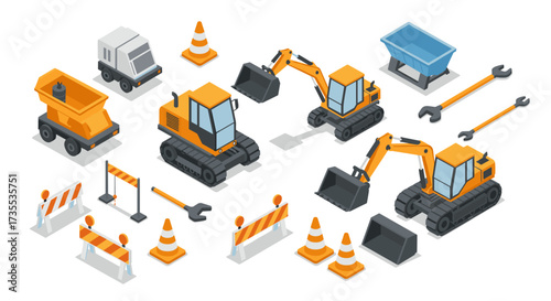 Isometric construction equipment with bulldozers, trucks, and tools
