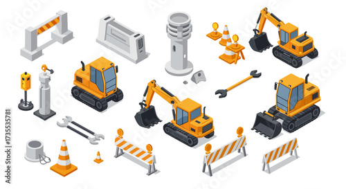 Isometric construction equipment and barriers set in modern flat design