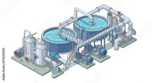 Isometric industrial water treatment facility with tanks and pipes