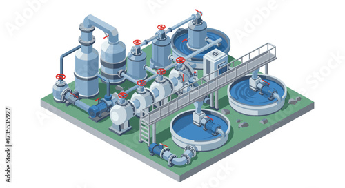 Isometric water treatment plant design with detailed infrastructure and technology elements